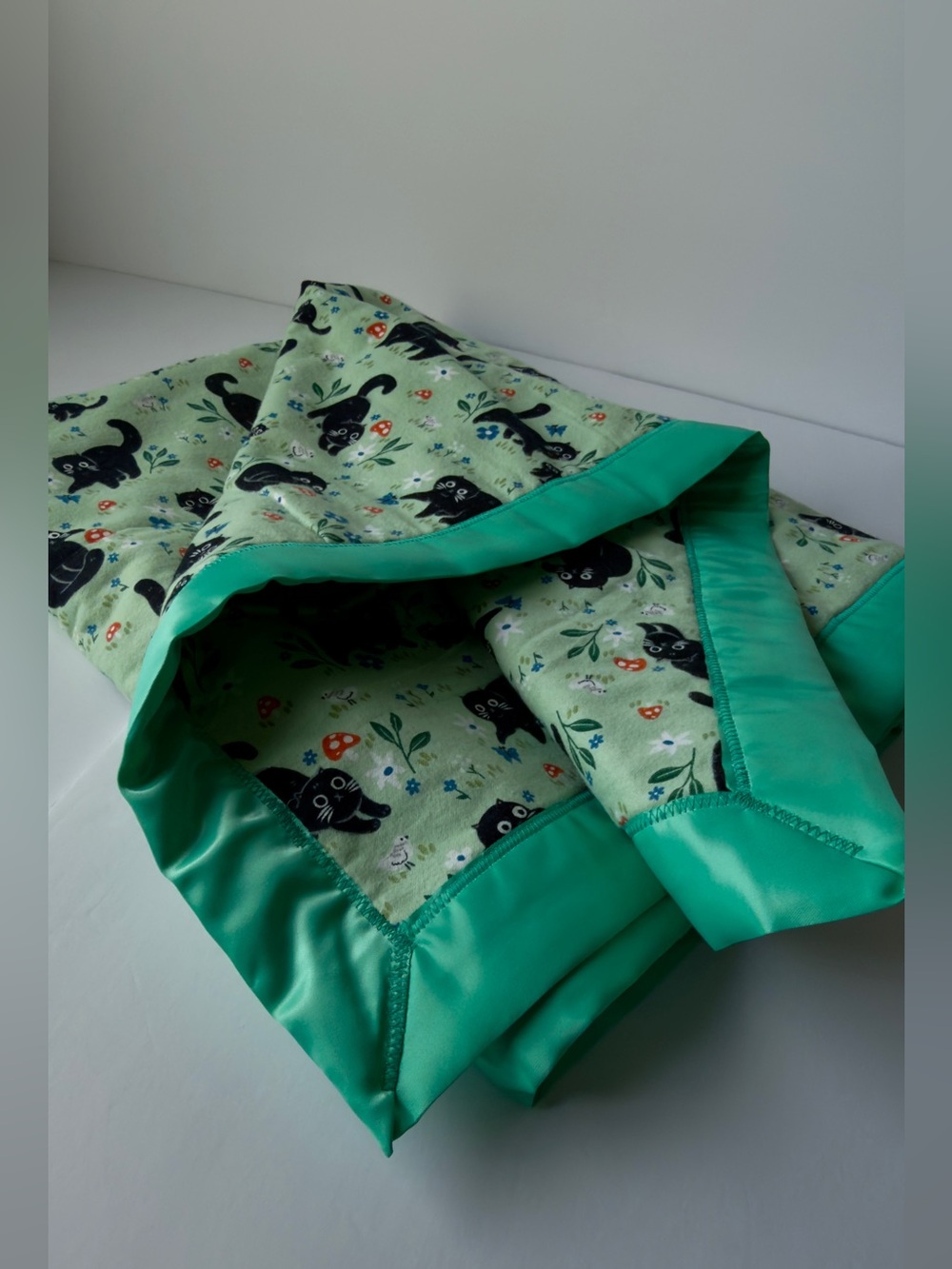Handmade Black Cat Garden Mushroom Quilted Flannel Blanket with Satin Binding